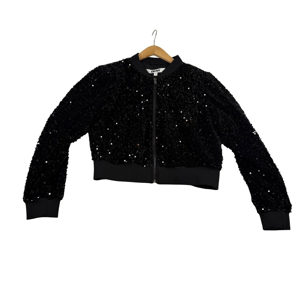 DKNY Womens‎ Black Sequin Bomber Jacket Velvet Zip Front P4IC6XHG Size M NEW